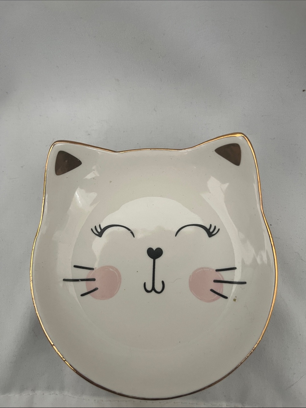 Simons White Cat Trinket Dish with Pink Cheeks and Gold Rim